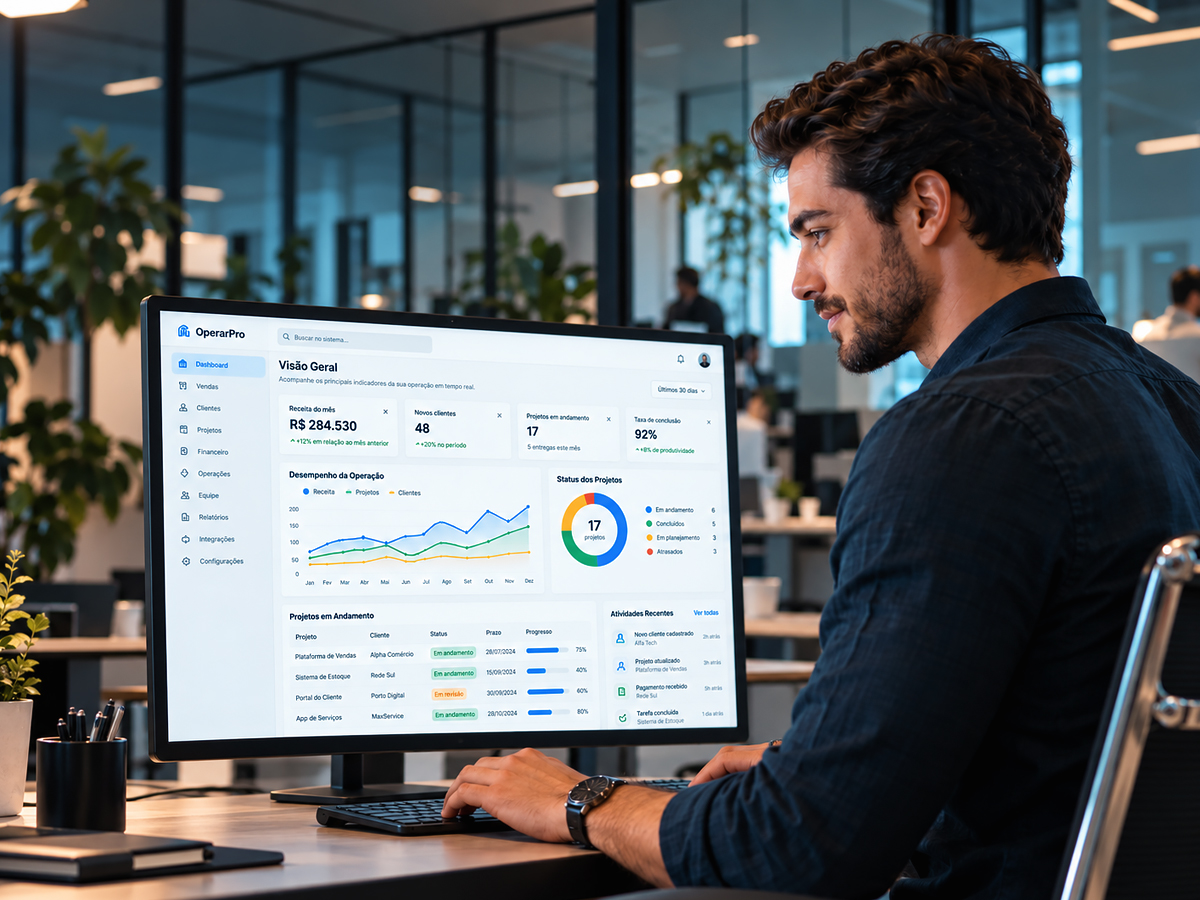 Painel de gestão de um sistema web sob medida com gráficos e tabela de pedidos em um monitor de escritório